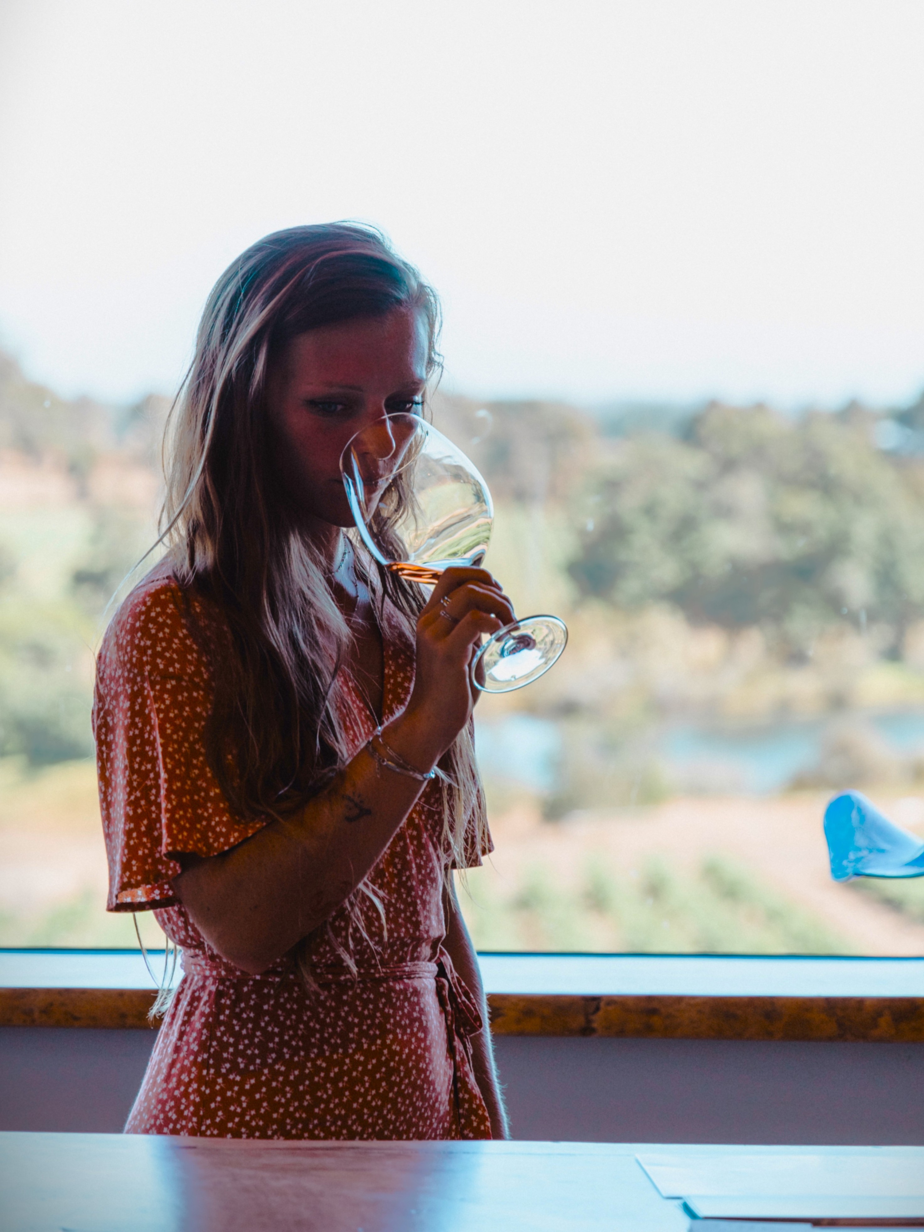 Lady Tasting Premium Wine With Vineyard Valley in the background